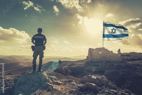 Tranquil desert landscape with ancient ruins and Israeli flag, soldier silhouette overlay, concept art photo