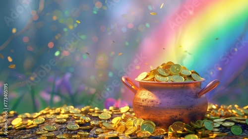 Magical pot of gold overflowing with coins at the end of a vibrant rainbow, digital illustration
