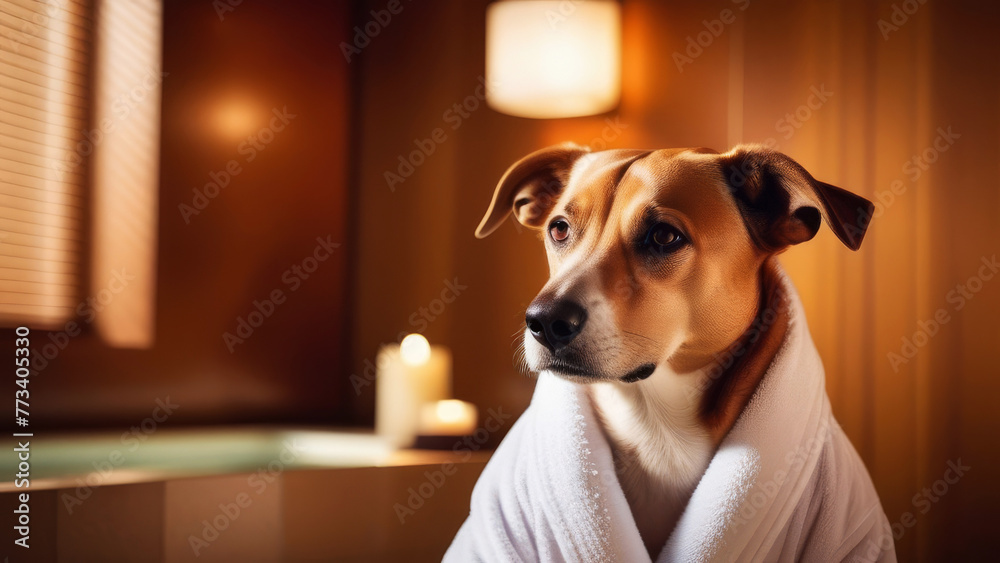 funny dog resting and relaxing in spa wellness salon. Dog wearing a bathrobe and feeling so comfortable and relaxation in hotel at vacation