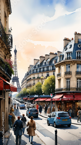 Paris painting. Drawing of the Eiffel Tower in France.