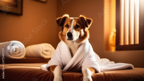 funny dog resting and relaxing in spa wellness salon. Dog wearing a bathrobe and feeling so comfortable and relaxation in hotel at vacation © Yekatseryna