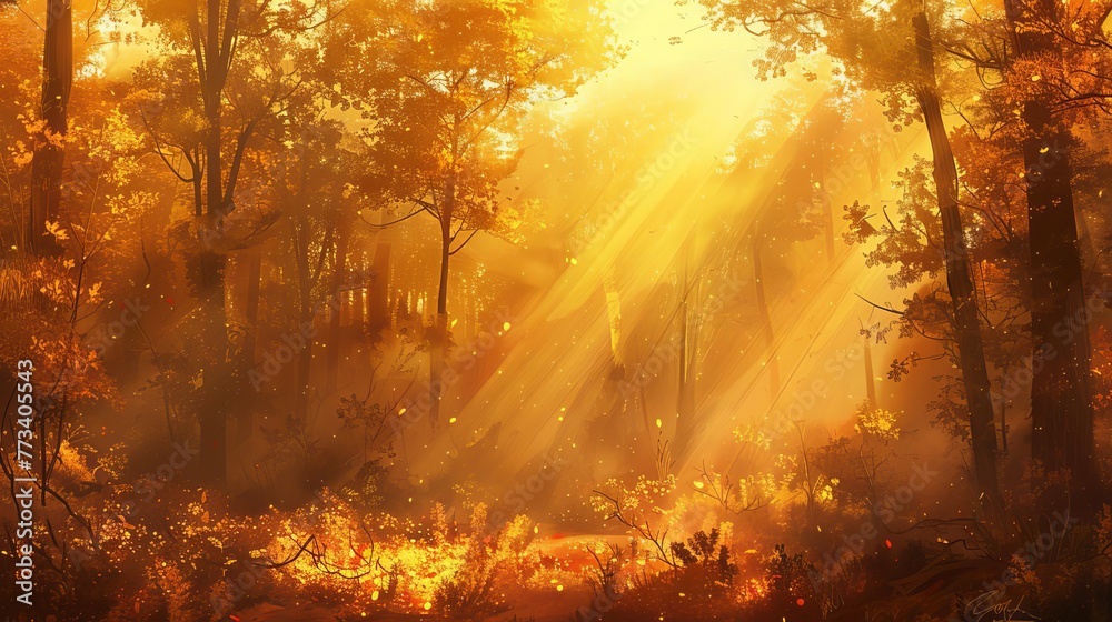Fototapeta premium Majestic golden sun rays filtering through an enchanted autumn forest, ethereal morning light illuminating the tranquil wood, nature digital painting