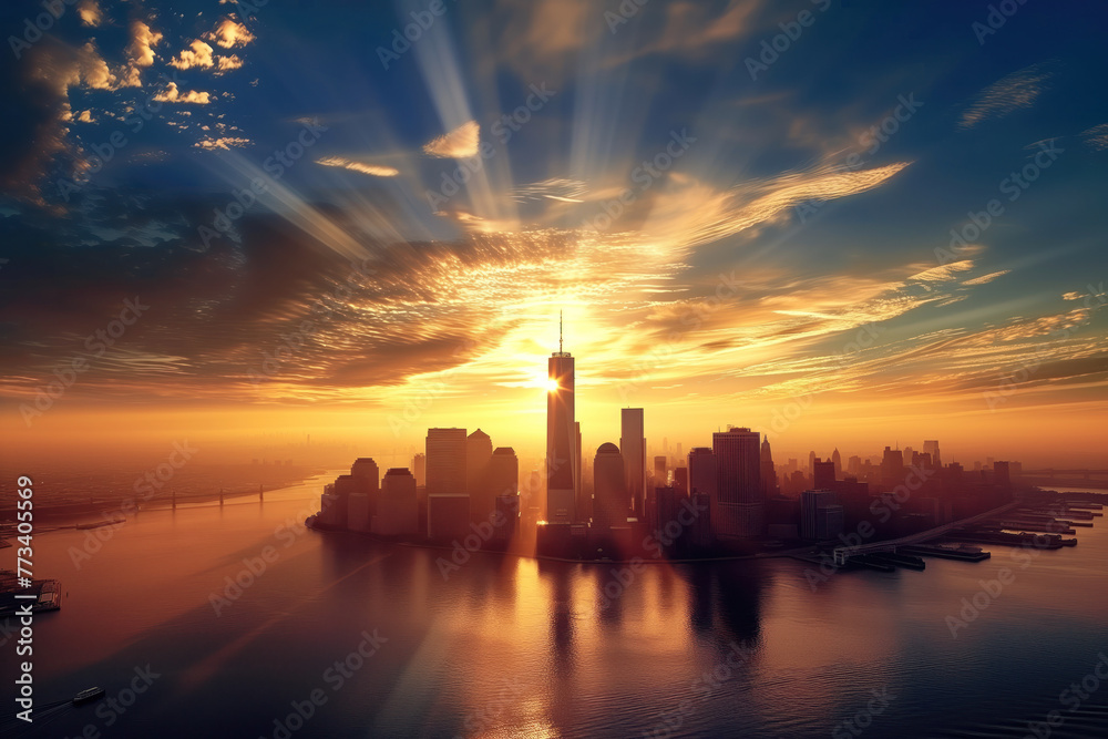 Manhattan skyline in during vening sunset at New York City AI Generative