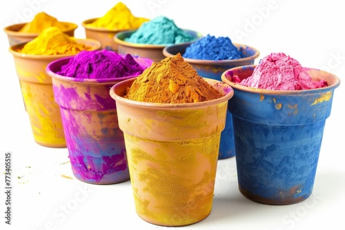 Traditional colorful Holi powder in pots, Indian festival of colors isolated on white background © Lucija