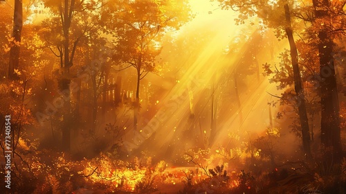 Majestic golden sun rays filtering through an enchanted autumn forest, ethereal morning light illuminating the tranquil wood, nature digital painting