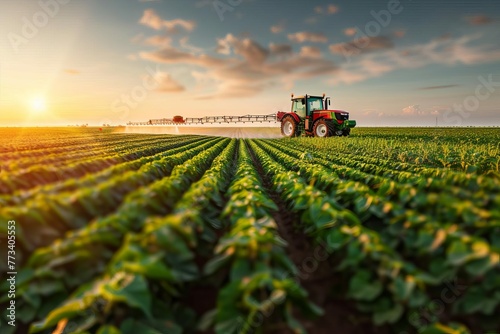 Tractor spraying pesticides on soybean field at dusk, smart farming technology for sustainable agriculture