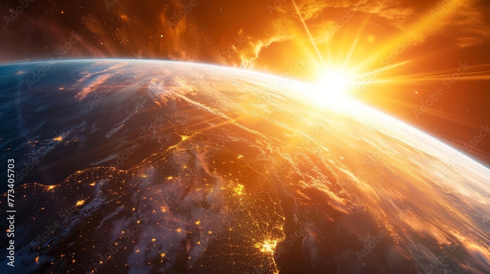 Majestic sunrise over Earth, dawn breaking in outer space, planet glowing in sunlight Majestic sunrise over Earth, dawn breaking in outer space, planet glowing in sunlight