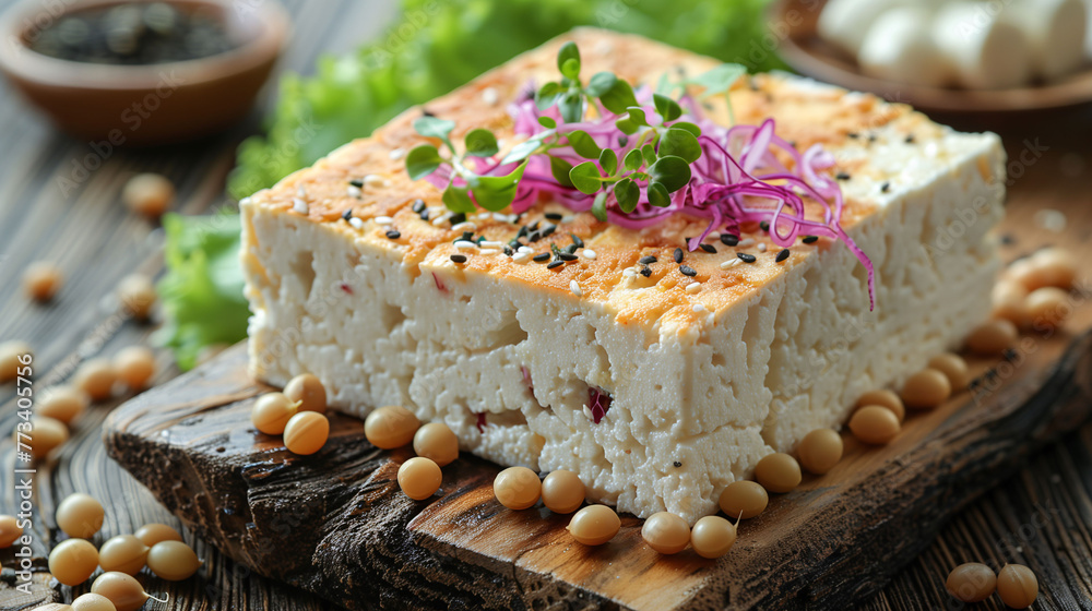 Fresh tofu garnished with herbs and sesame seeds on a wooden board with soybeans around. Fresh tofu garnished with herbs and sesame seeds on a wooden board with soybeans around.