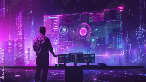 Man using modern computer in futuristic digital world, concept illustration of internet, big data, and NFT © Jelena