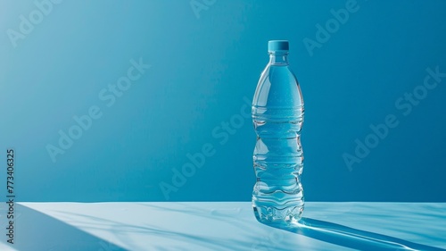 A clear plastic bottle filled with water is placed on top of a wooden table photo