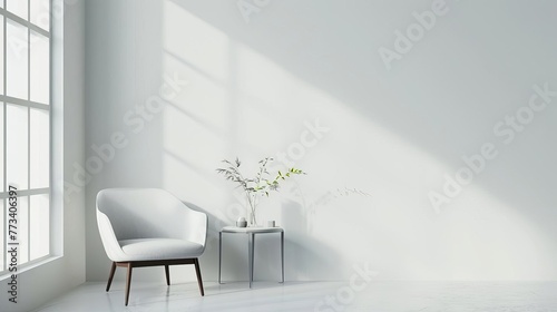Minimalist modern living room interior, white walls and elegant armchair, simple home design