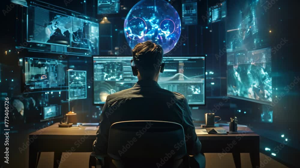 Back view of young businessman sitting at table in office and looking at hologram screens, A software engineer engaged in computer work involving data analysis and AI algorithms, AI Generated