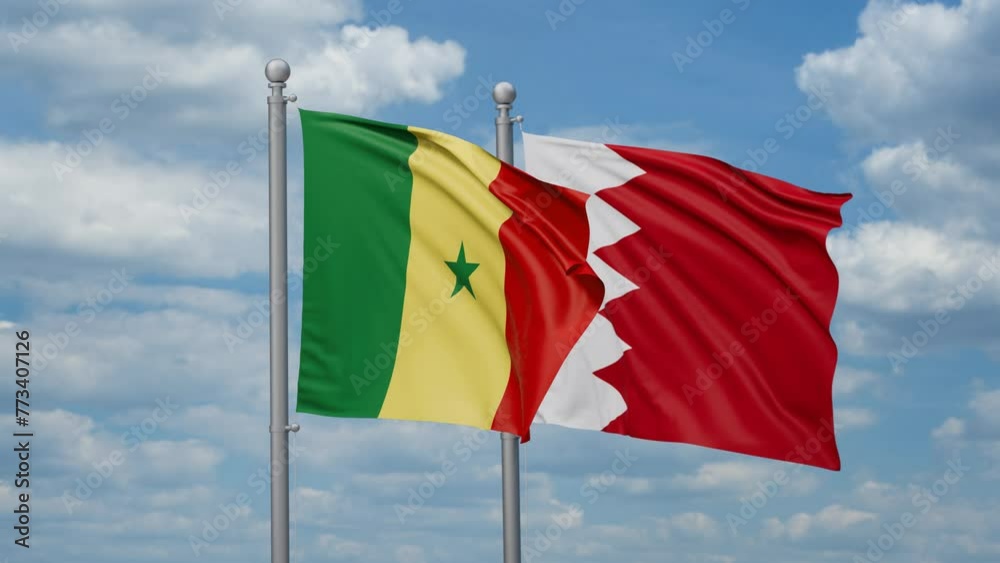 Bahrain and Senegal two flags waving together, looped video, two country relations concept Bahrain and Senegal two flags waving together, looped video, two country relations concept