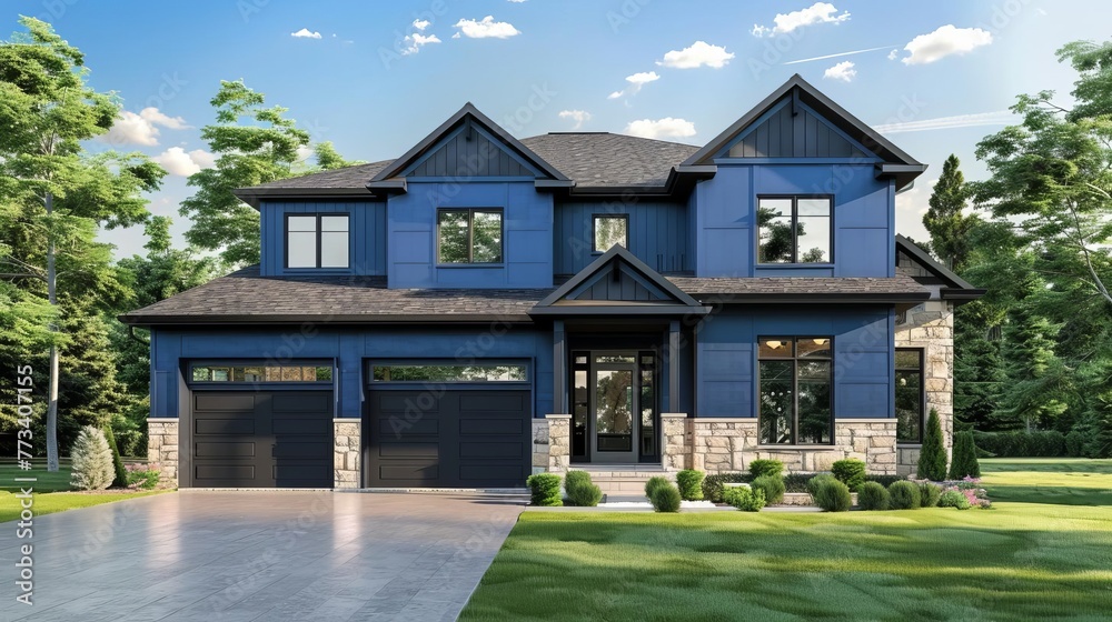 Modern luxury home exterior with blue siding, natural stone walls and two-car garage, 3D rendering