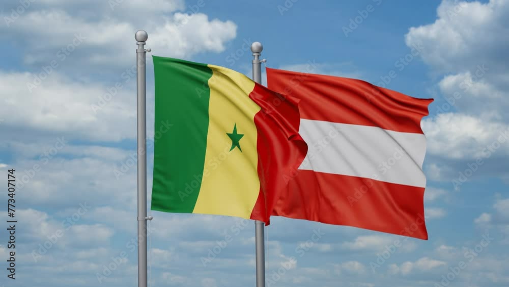 Austria and Senegal two flags waving together, looped video, two country relations concept