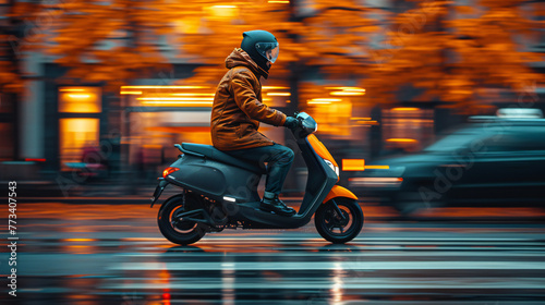 Man Riding Scooter Through Rainy City Streets in Autumn photo