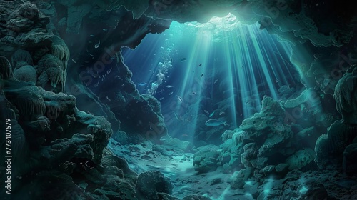 Mysterious underwater cave with eels twisting through rocky crevices  digital painting