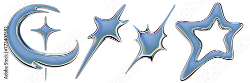 3D chrome y2k star set, cosmic holographic metal objects, liquid retro futuristic sparkle icon kit. 90s aesthetic abstract space shape, simple trendy fluid galaxy design element. Chrome star sticker