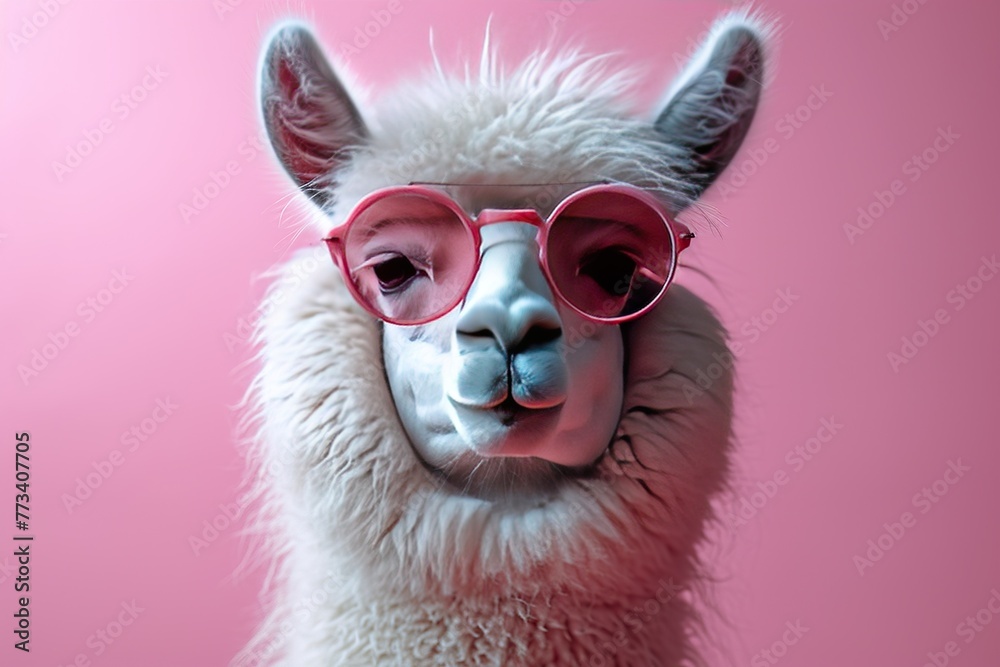 Creative animal concept. Llama in sunglass shade glasses isolated on solid pastel background,