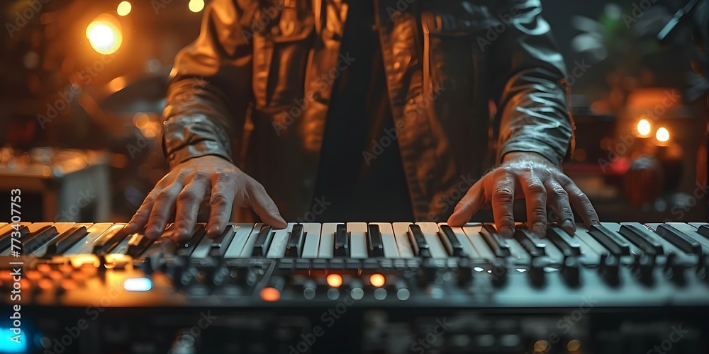 Man streaming live concert or tutorial online using keyboard and mouse. Concept Live Streaming, Online Tutorial, Keyboard and Mouse, Entertainment, Technology - obrazy, fototapety, plakaty 
