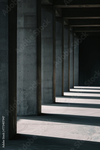 A linear arrangement of sturdy concrete pillars in an industrial buildings interior