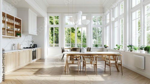 Open plan dining room and kitchen in a new home, featuring white walls, ceilings, parquet floors, and beautiful light-colored wood and marble furniture, 3D rendering