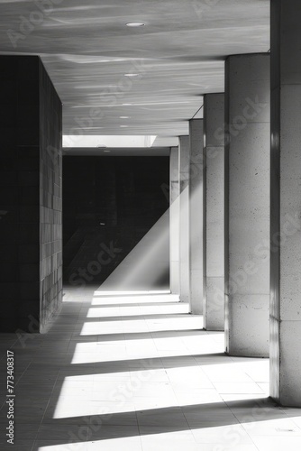 A monochromatic image showcasing a lengthy hallway with stark contrasts and repeating elements stretching into the distance