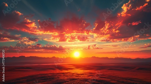 A breathtaking sunset over an endless desert horizon.