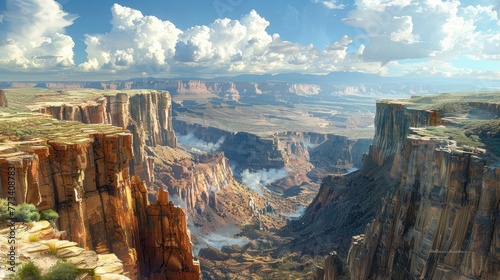 A panoramic view from the top of a towering cliff, overlooking a vast canyon.