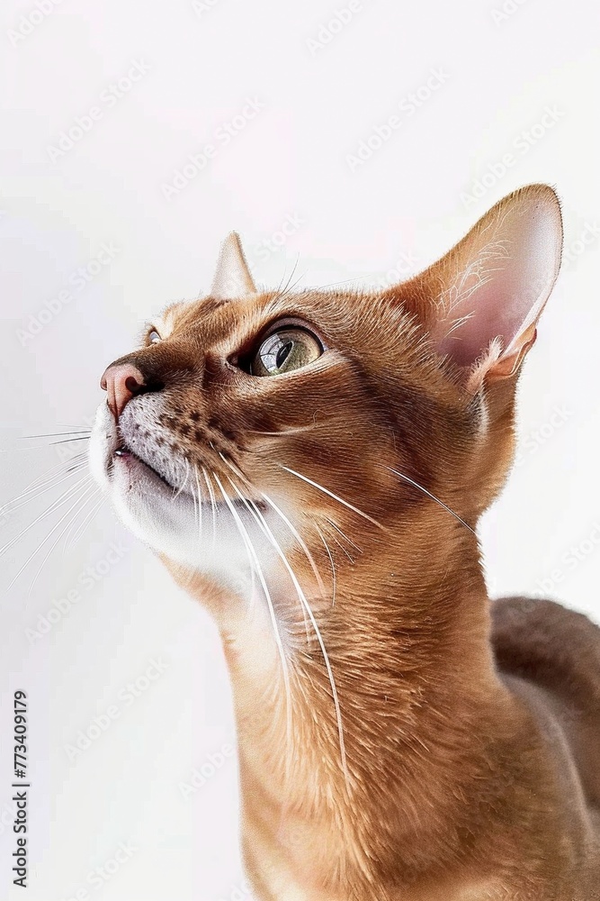 A minimalist portrait of a cat in high-key lighting, gazing curiously upwards with wide, dilated pupils and a soft pink nose. Clean white background.