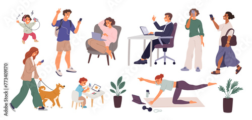 People communicate on social media networks. Internet surfing. Woman reading books. Man listening to music. Phones and laptops using. Video training. Selfie photo. Garish vector set