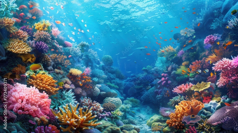 Vibrant coral reefs teeming with exotic marine life beneath the turquoise sea.