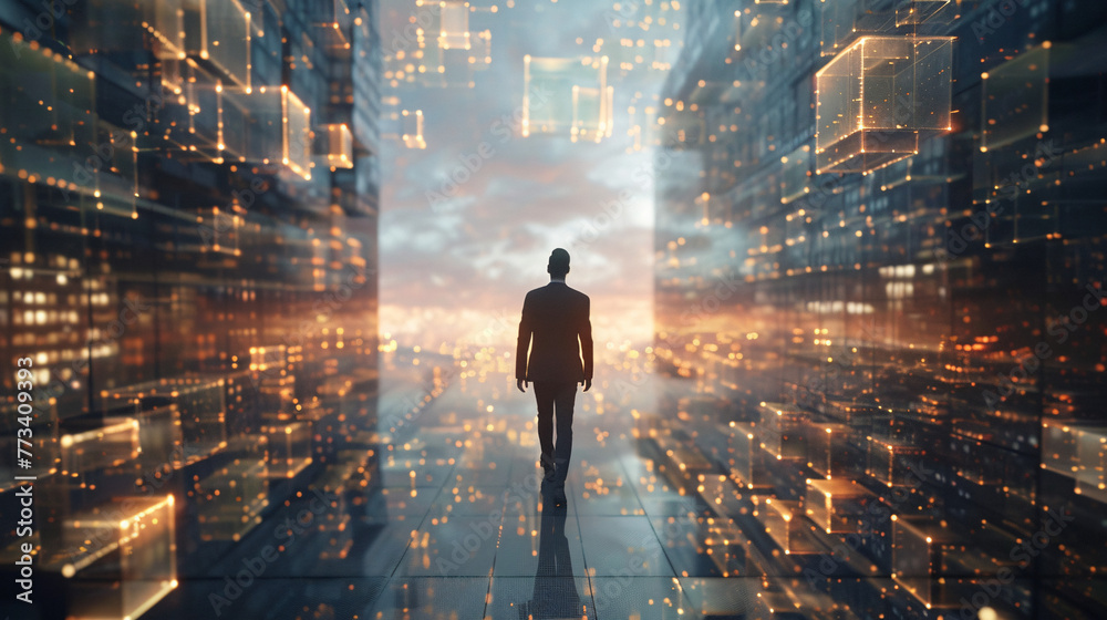 Fototapeta premium A successful businessman in suit walking above modern city tranparent glass blocks with artistically blended with a city. business strategy and opportunities concept.