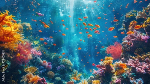 Vibrant coral reefs teeming with exotic marine life beneath the turquoise sea.