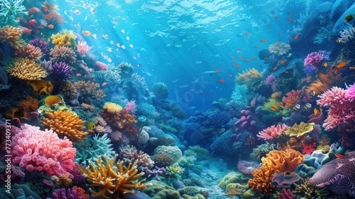 Vibrant coral reefs teeming with exotic marine life beneath the turquoise sea. © 2D_Jungle