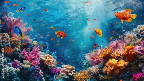 Vibrant coral reefs teeming with exotic marine life beneath the turquoise sea.