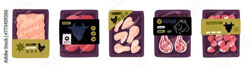 Meat products packages. Plastic substrates with minced pork. Wings and thighs. Tray with label. Beef medallions and lamb pieces. Wrapping containers. Food packaging. Garish vector set