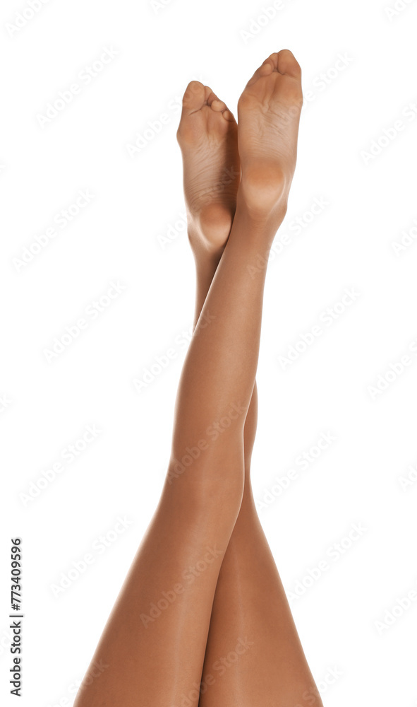 Woman with beautiful long legs wearing tights on white background, closeup Woman with beautiful long legs wearing tights on white background, closeup