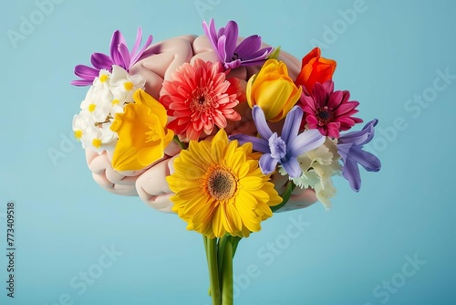 Vibrant spring flowers blooming from a human brain  mental health and well-being concept