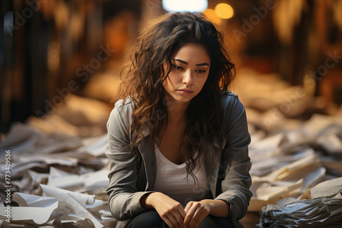 A young female student sits upset among a pile of papers. photo