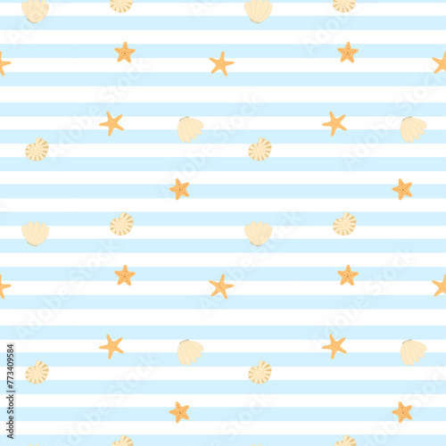 Seamless pattern with cute corals, starfish and shells on striped blue background. Sea life, summer motif.  Vector illustration, flat design.