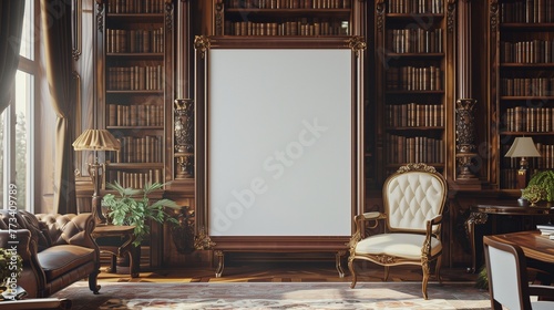 Luxurious Canvas Mockup in a CEO's Office with Classic Design: A blank canvas frame placed in a CEO's office that exudes classic elegance, featuring rich wooden bookshelves, antique furniture,  photo