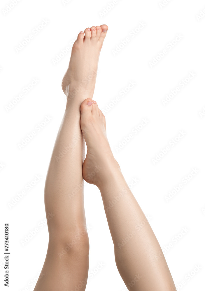 Woman with beautiful legs isolated on white, closeup Woman with beautiful legs isolated on white, closeup