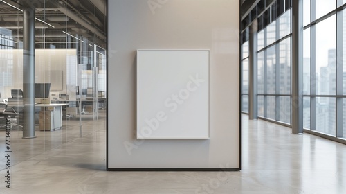 Minimalist Canvas Mockup in a High-Rise CEO Office  In the heart of a bustling metropolis  an empty canvas frame is positioned in a high-rise CEO office with minimalist design.