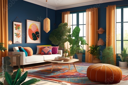 Contemporary living room featuring blue walls and eye-catching orange furniture for a stylish look.