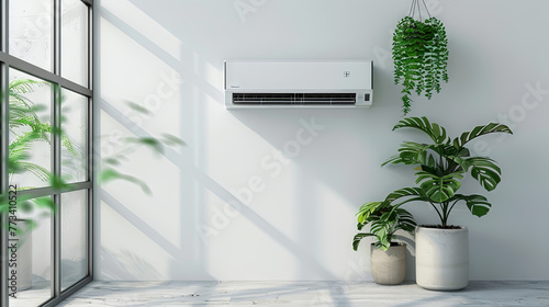 Air conditioner hanging on the wall of a  bright room with furniture and indoor plants photo