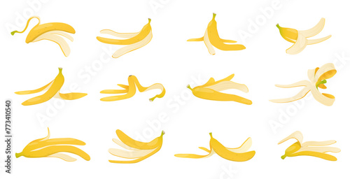 Cartoon yellow banana peels. Organic trash. Food waste. Fruit cleaning. Different positions. Product shell. Recycling biological litter. Slipping on husk. Slippery rinds vector set photo