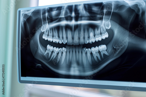 X-ray of patient teeth jaw is examined by an orthodontist a stomatologist AI Generative