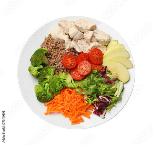 Balanced diet and healthy foods. Plate with different delicious products isolated on white, top view