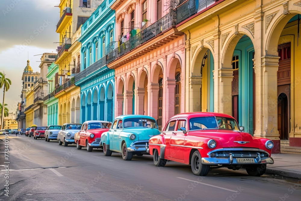 Vibrant colorful streets of Havana, Cuba with colorful buildings and classic cars, travel photography